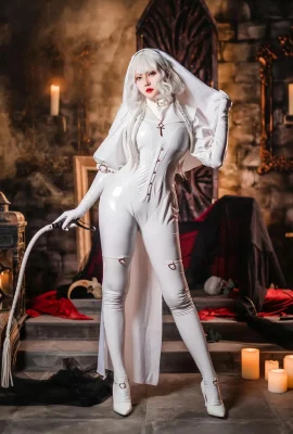 온라인 뷰티 나츠코 Xia Xiazi 화이트 수녀 테마 섹시한 화이트 가죽 onesie 공개 흰색 3 점 속옷 완벽한 유혹 사진 61p